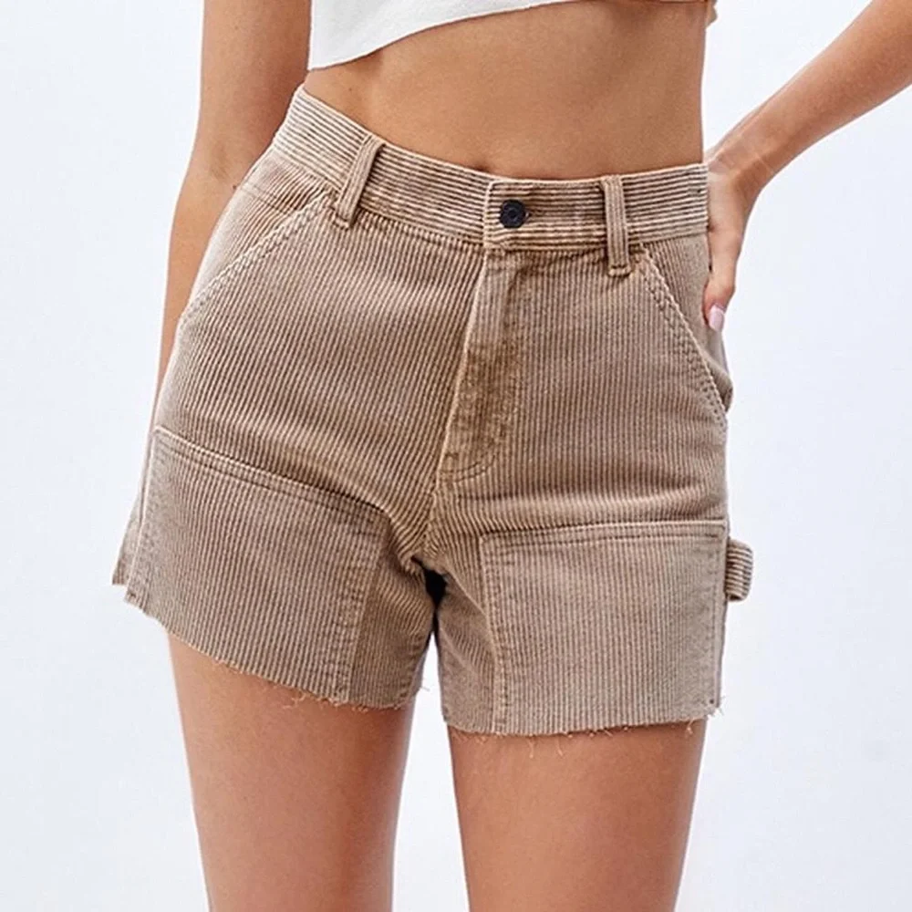 High-Rise Corduroy Utility Shorts in Taupe